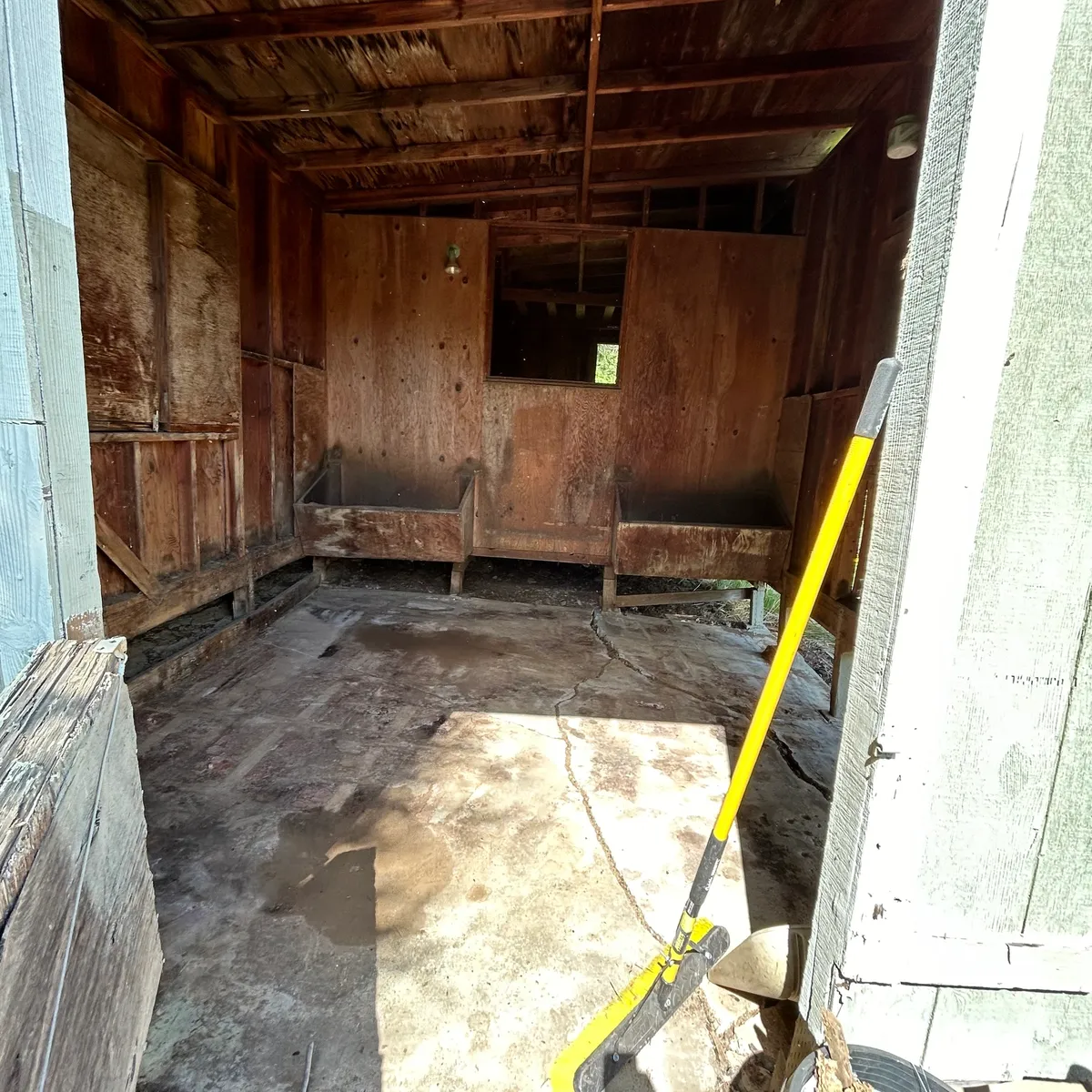 Same outbuilding emptied to bare wood and floor after cleanout